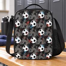 Grey Soccer And Hexagon Print Lunch Bag, Suitable For Boys And Children, Black Zipper Handbag With Top Handle, Shoulder Strap And Side Mesh Pocket - BALL-23 - View 2