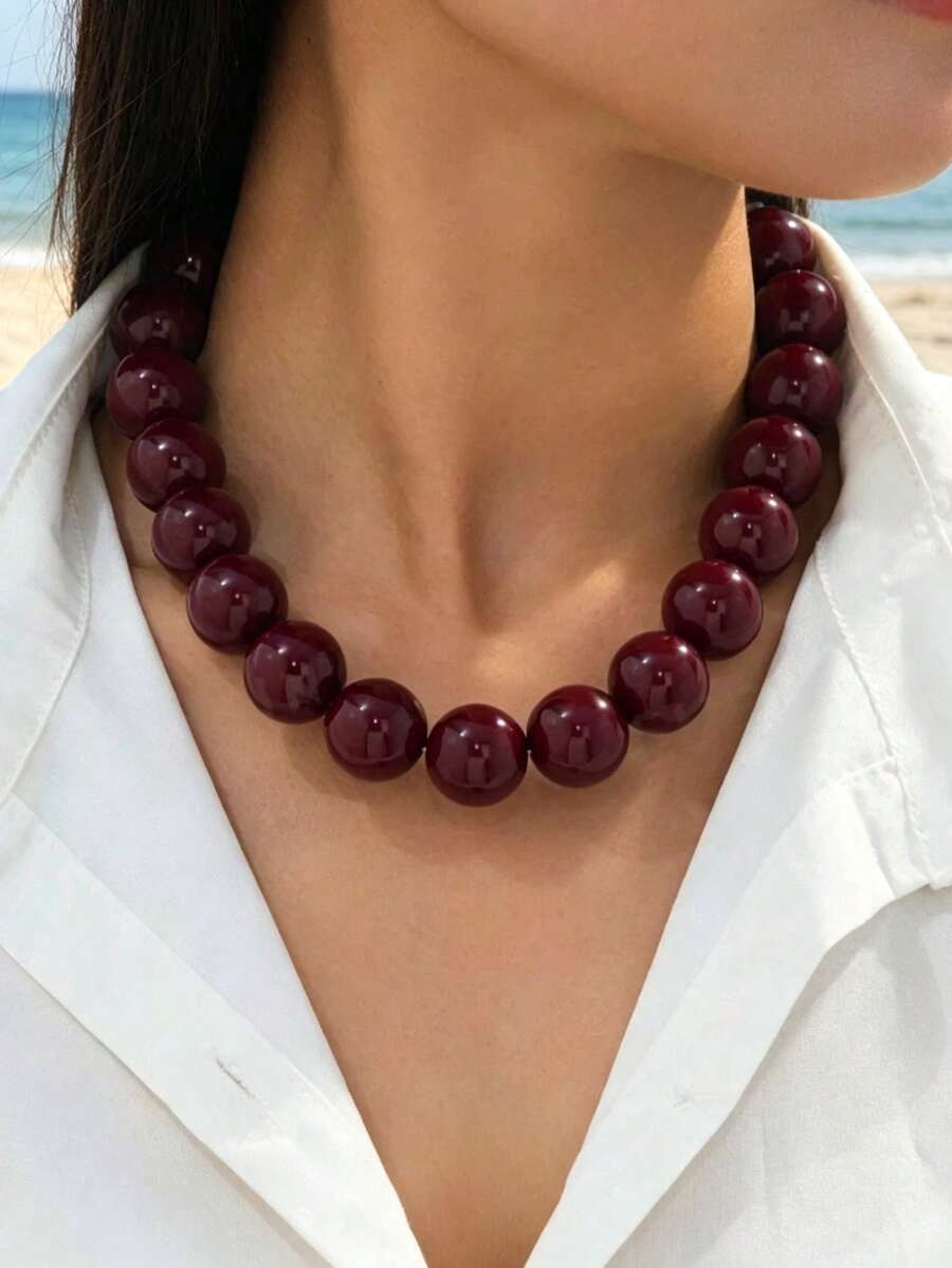 Mydear 1pc Vintage Geometric Resin Beaded Necklace, Brown Tones, For Women's Daily And Party Wear - Round Bead Necklace - View 1