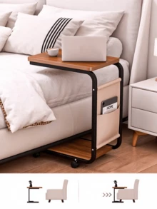 Mobile C-Shaped Sofa Side Table. It Features Double-Tier Storage Surfaces And A Side Storage Pocket. Built With A Sturdy Frame And Space-Saving Design, Perfect For Laptops And Books. Works Great In Living Rooms And Bedrooms. - Random Color - View 4