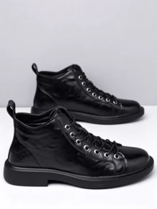 Men's Textured Leather High-Top Casual Boots, Round Toe Lace-Up, Metal Eyelets, Stitching Detail, Thick Sole Heel, Pull Tab, Everyday Casual Work Shoes - Black - View 7