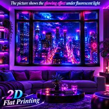 This 2D Flat Pattern Fluorescent Tapestry Features A Night Scene With A Neon-Lit City And Tall Buildings Clearly Visible Through Floor-To-Ceiling Windows. Under Fluorescent Light, It Emits A Soft Glow And Can Be Used As Wall Decor, Background, Or Party Decoration. - Multicolor - View 12