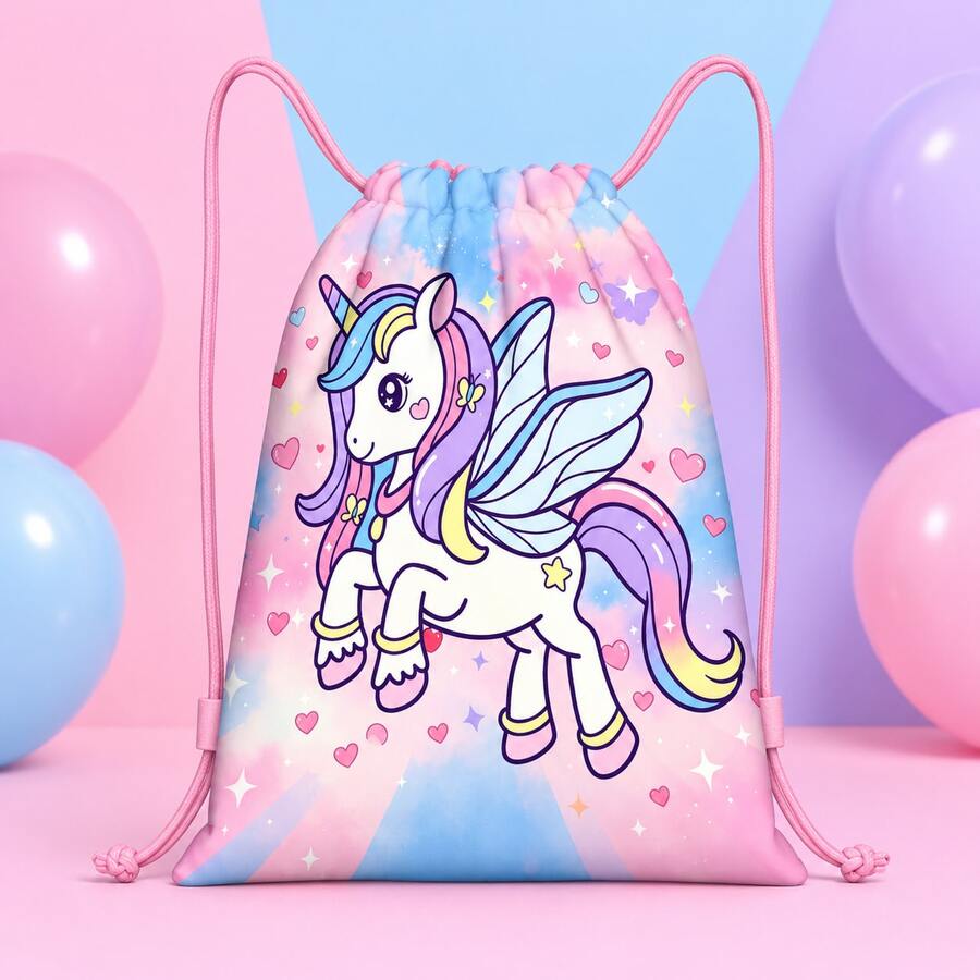 Unicorn With Wings, Heart And Star Print Drawstring Backpack, Suitable For Girls And Children, Pink Strap School Bag, Applicable For Travel, Dance, Camping And Weekend Entertainment - UNICORN-117 - View 1