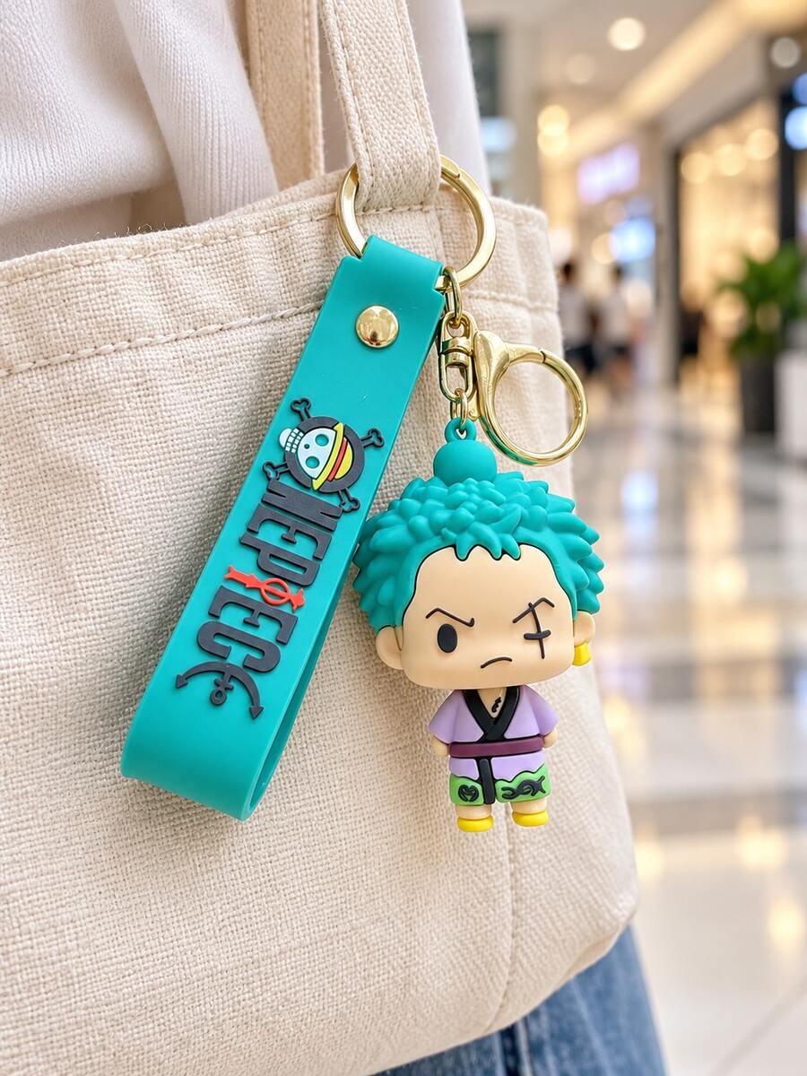 Miniso ONE PIECE Roronoa Zoro Kimono Character Bag Charm With Turquoise Wrist Strap And Gold Clip For Backpack Handbag, Birthday Christmas Gift - Style 1 - View 1