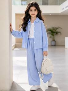 Left Mama Tween Girl 2pcs/Set Autumn New Arrivals Turn-Down Collar Long Sleeve Shirt And Pants - Baby Blue - View 1