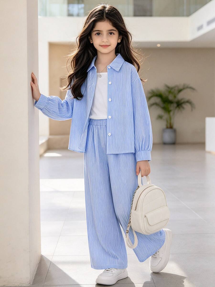 Left Mama Tween Girl 2pcs/Set Autumn New Arrivals Turn-Down Collar Long Sleeve Shirt And Pants - Baby Blue - View 1