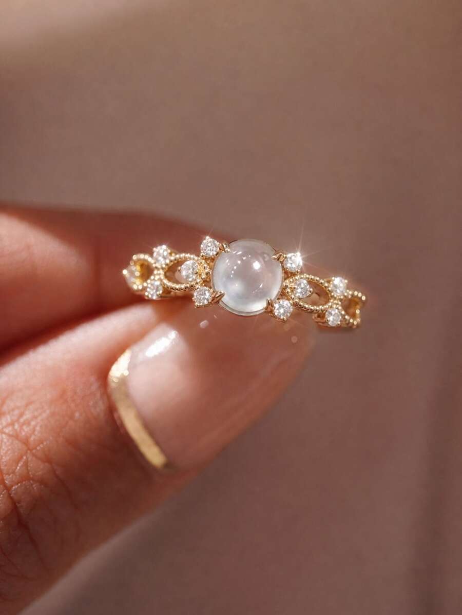 1pc Vintage Moonstone Ring, Inlaid With Diamonds, Suitable For Women's Daily Wear And Party Accessories, High-Quality Women's Ring, Exquisite Jewelry Gift
