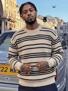 BLACKTOEXIT Men's Round Neck Long Sleeve Knit Sweater, Korean Style Slouchy Vintage Ribbed Cuffs Pullover, Autumn/Winter - Apricot - View 2