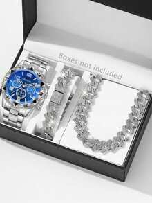 3pcs Men's Silver Watch Bands, Fashionable Luxury Mixed Engraved Three-Eye Quartz Watch Chain Necklace Jewelry Set, Suitable For Daily Wear Decoration Or Holiday Gifts - Silver - View 1