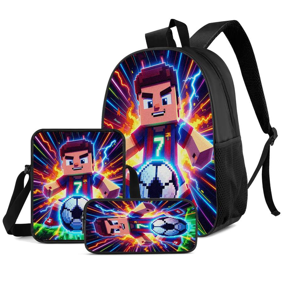 Neon Pixel Style No. 7 Football Star Print 3 Pieces Set: Large Capacity Backpack + Crossbody Bag + Pencil Case, Adjustable Breathable Shoulder Straps, Fashionable Sports Pixel Style Daily Commute Travel Storage Set - Printed Bag - View 1
