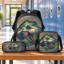3pcs Roaring Tyrannosaurus Rex Dinosaur Print Backpack Set For Boys, Black School Bag With Crossbody Small Bag And Pencil Case, Suitable For Weekend Travel - DINOSAUR-4 - View 8
