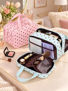 Polka Dot Print Handheld Makeup Bag, Multi-Zipper Pocket Design, PU Material Large Capacity Cosmetic Storage Bag, With Multiple Inner Compartments, Portable Travel Toiletry Organizer, Suitable For Cosmetics, Brushes, Skincare Products, Ideal For Weekend Trips - Multicolor - View 3