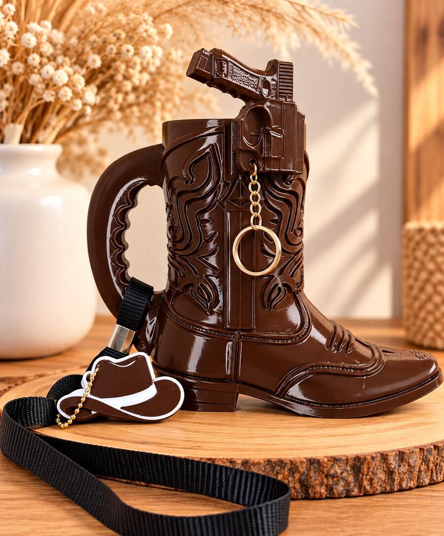 Porta-Lata Bota Boiadeira Country 2 em 1 para Lata 350ml e 473ml com Alça, Chaveiro Chapéu e Peteco – Kit Festa Rodeio Sertanejo - Marrom - Visão 1