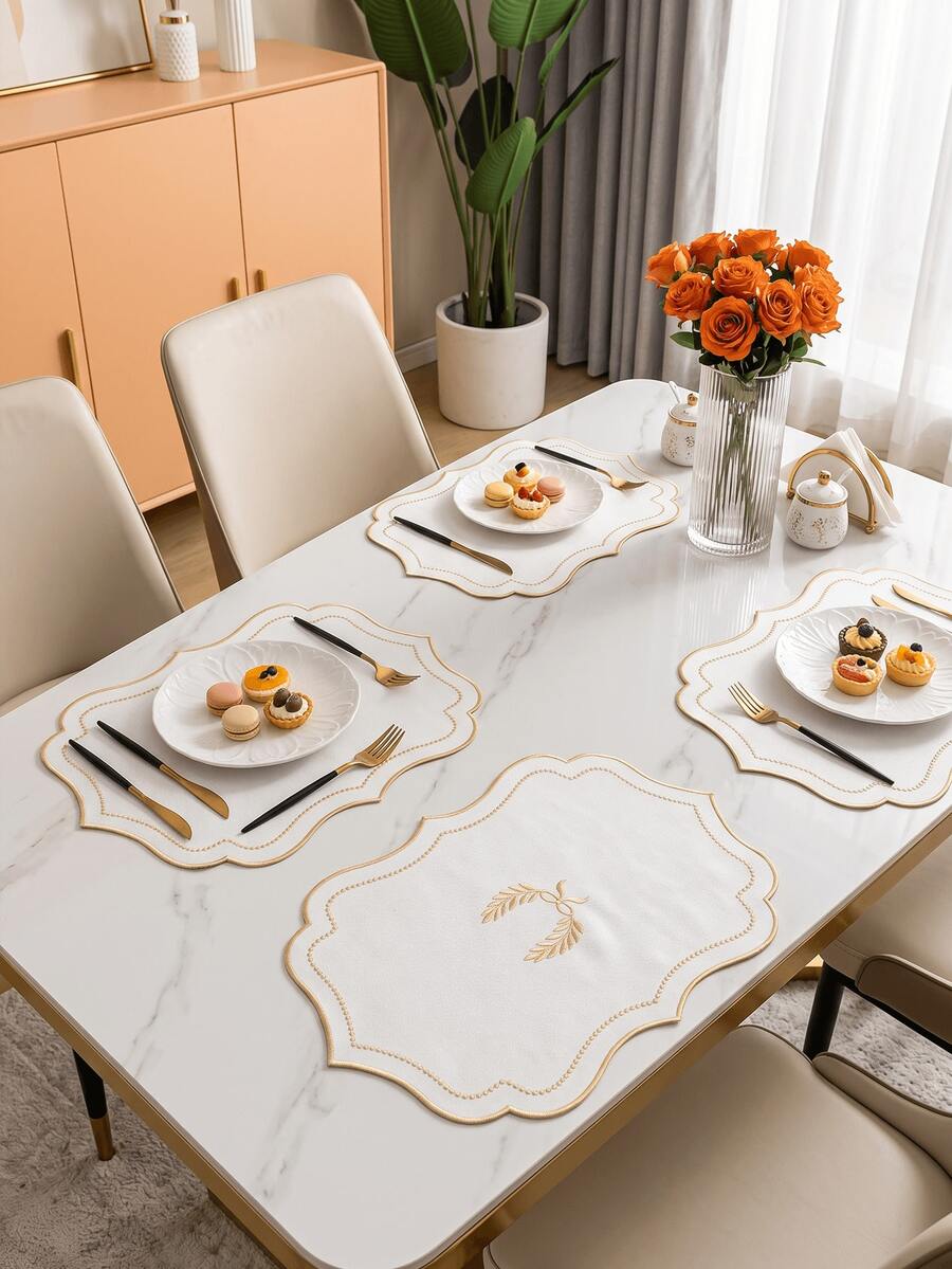 1-12pcs Vintage Scalloped Wavy Edge Embroidered Placemats, Cream Base With Red Laurel & Bow Embroidery, Fabric Heat-Insulating Decorative Table Mats For Home Dining - Multicolor - View 1