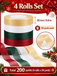 20mm/4 Rolls Christmas Organza Ribbon - Red Green White Gold Semi-Transparent Chiffon Fabric Ribbon Rolls, For DIY Christmas Tree Ornaments, Holiday Gift Bag Packaging Bows, Wreath Making And Event Decoration - 4pcs Organza Ribbon - View 3