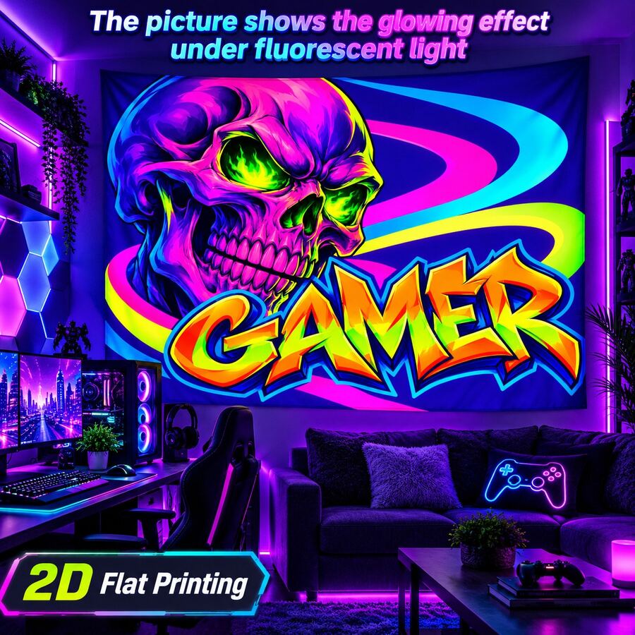 2D Flat Pattern, Single Piece, Game Theme Skull Pattern, Fluorescent Color, Vibrant Colors, Skull Pattern, Gamer Graffiti Text, Vortex Pattern, Glows Under Fluorescent Light, Wall Decor, Backdrop, Gaming Room, Party Decoration. - Multicolor - View 1