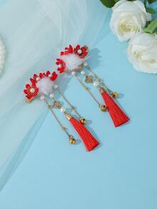 1pc Bohemian Mixed New Chinese Style Bridal Headpiece, Pearl Bell Red Tassel Hair Clips - Red - View 2