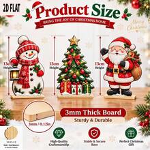 2D Flat, 3-Piece Set Santa Claus, Snowman, Christmas Tree Wooden Desktop Decoration, Rustic Farmhouse Vintage Style Holiday Tabletop Decor; Red And White Hat And Scarf Snowman Figure, With Small Christmas Tree And Gift Box - A - View 3