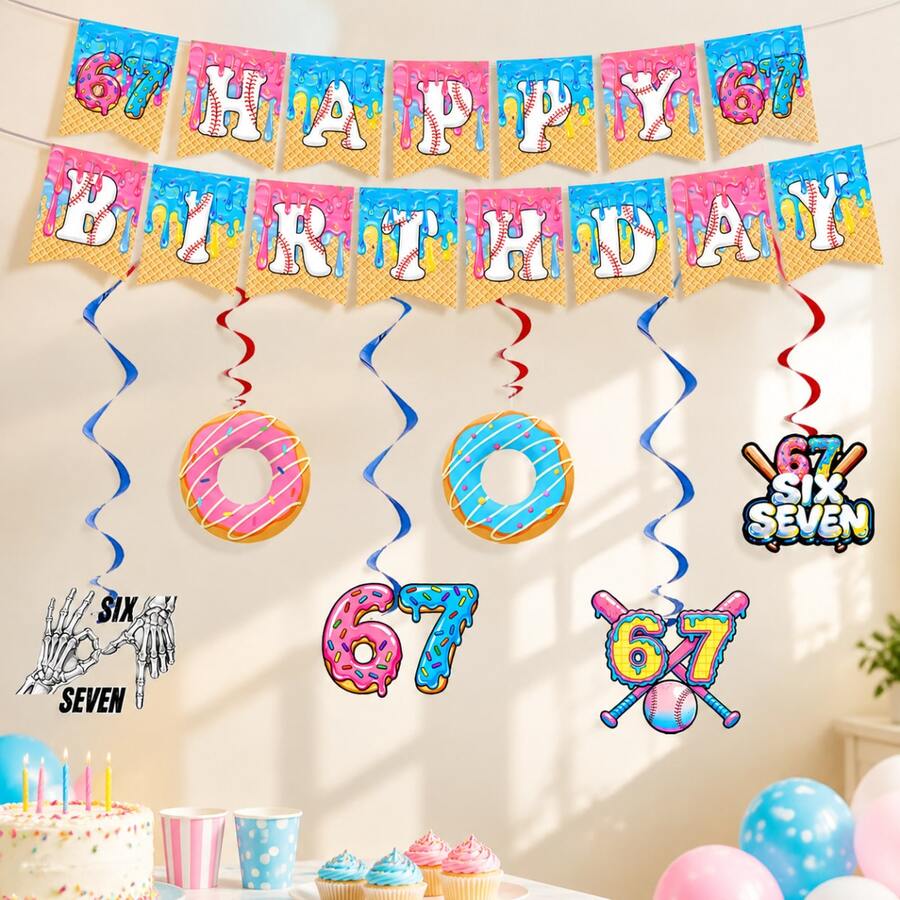 21 PCS Birthday Party Decoration Set For 67th Birthday, Doughnut Ice Cream Baseball Skeleton Hand Birthday Banner And Hanging Vortex Decorations, Hanging Decorations For 67th Birthday Party - View 1