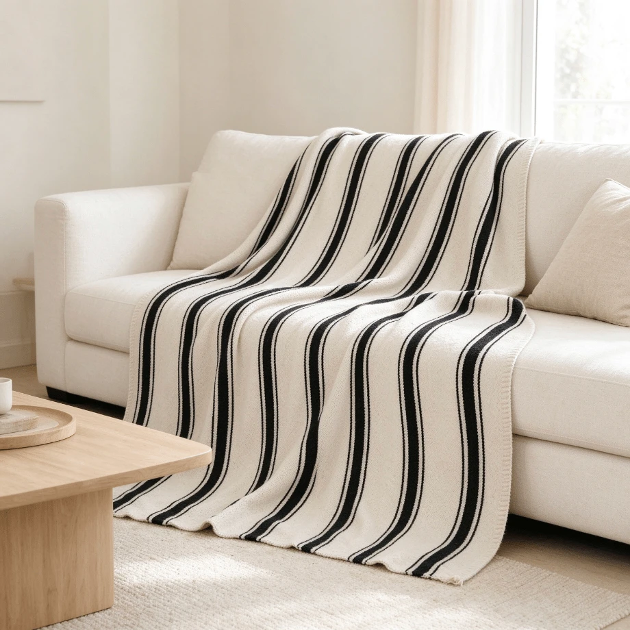 Black Striped Double-Sided Half-Fleece Blanket, Minimalist Throw Blanket For Office Nap, Air-Conditioned Room And Sofa - Black and White - View 1