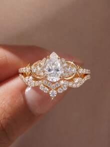 1pc Teardrop Diamond Engagement Ring, Bridal Promise Ring, Eternity Ring, Exquisite Jewelry Gift - Gold - View 2