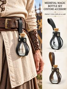 Botol Abad Pertengahan dengan Penutup Botol Kulit PU, Properti Cosplay Halloween, Botol Kaca Gabus Antik, Aksesori Permainan Peran Renaisans, Cocok untuk Pesta Halloween - A - View 9
