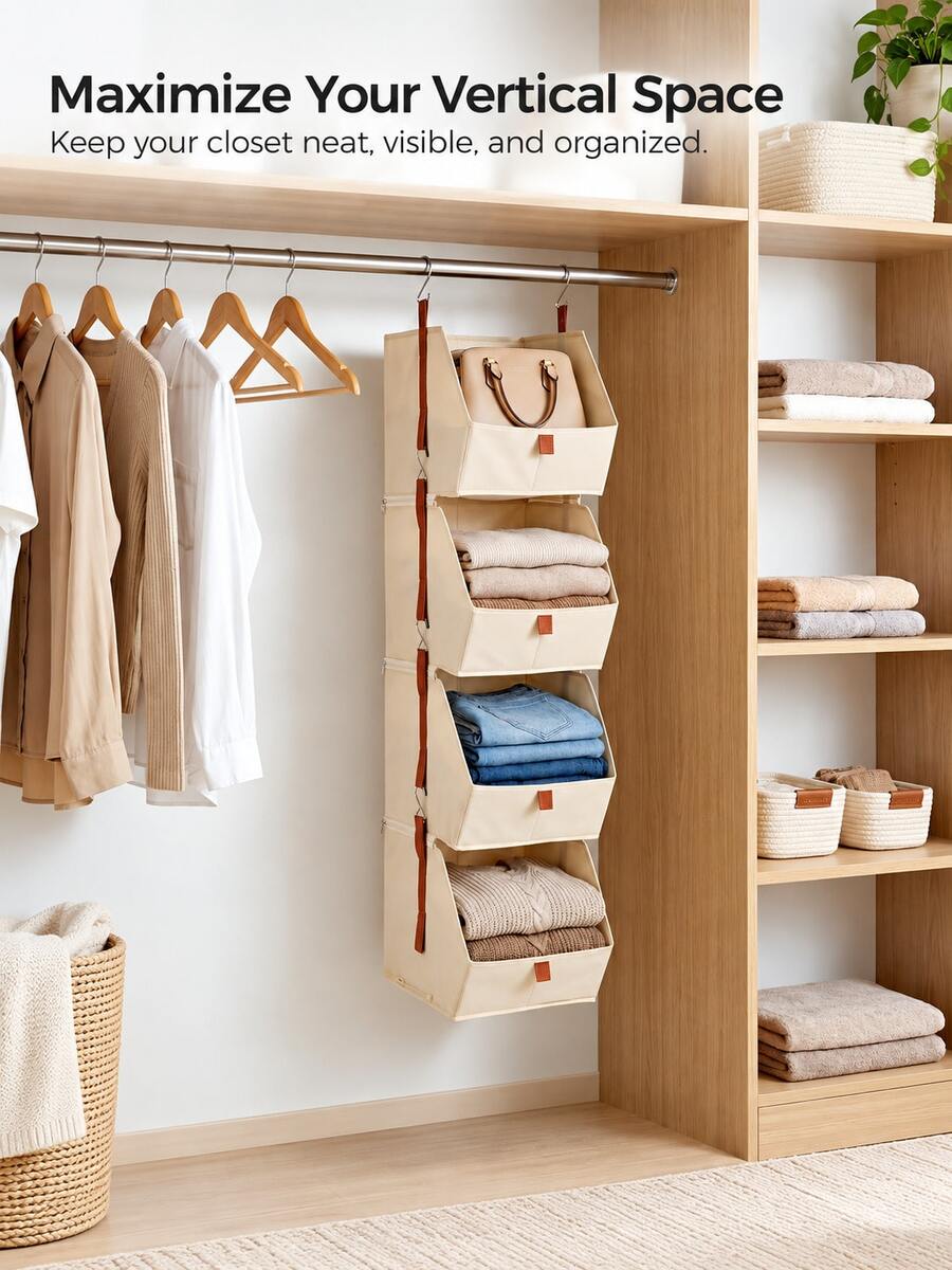 1pc 4-Tier Foldable Hanging Closet Organizer, No-Assembly Space-Saving Wardrobe Storage Bag And Clothing Shelf For Clothes, Sweaters, Towels And Accessories, Multifunctional Hanging Storage For Bedroom, Dorm And Home - Multicolor - View 1