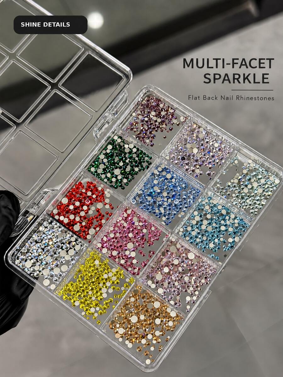 1 Box 12 Colors K9 Colorful Flat Back Rhinestones Nail Art Decor, Super Shiny, High Quality, Mixed Sizes, Suitable For High-End Gel Nail Art DIY Decoration