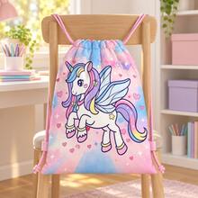 Unicorn With Wings, Heart And Star Print Drawstring Backpack, Suitable For Girls And Children, Pink Strap School Bag, Applicable For Travel, Dance, Camping And Weekend Entertainment - UNICORN-117 - View 7