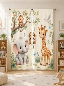 2pcs Jungle Wild Animal Curtains, Rod Pocket Cute Elephant Giraffe Monkey Tree Digital Print Polyester Curtains, Semi-Sheer Light Filtering Privacy Curtains, Suitable For Kids Room Nursery Decor - Multicolor 1 - View 8