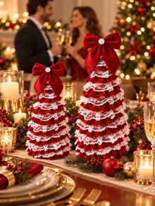2pcs Pink Velvet Lace Christmas Tree Decorations With Bows, Christmas Home Decor, Christmas Home Ornaments, Navidad Hanging Decorations - Red - View 1
