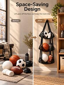 Modern Polyester 3-Tier Hanging Ball Storage Organizer, Breathable Mesh Sports Gear Holder With Reinforced Straps, Over-Door Wall Rack For Basketball, Soccer, Volleyball, Helmets, Gym Bags, Fall Winter Garage, Dorm, Christmas Home Organizer - Multicolor - View 3