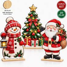 2D Flat, 3-Piece Set Santa Claus, Snowman, Christmas Tree Wooden Desktop Decoration, Rustic Farmhouse Vintage Style Holiday Tabletop Decor; Red And White Hat And Scarf Snowman Figure, With Small Christmas Tree And Gift Box - A - View 7