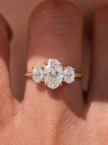 1pc 3-Stone Diamond Ring, Elegant Women's Jewelry Gift - Triple Oval Ring - View 4