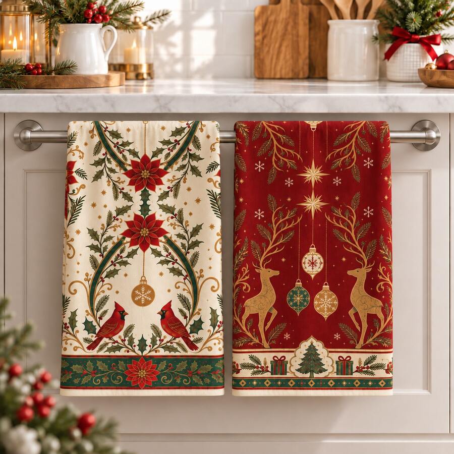 2pcs Christmas Red Bird & Reindeer One-Piece Red Kitchen Towels, Suitable For Kitchen, Bathroom, Toilet Holiday Kitchen Decor, Winter Home Decoration, Christmas Gift Set - Multicolor - View 1