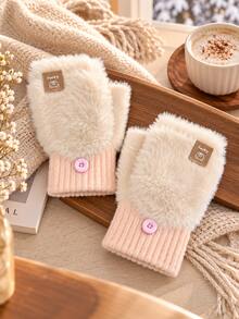 Women's Plush Flap Gloves, Sweet Style Button Design Convertible Fingerless Gloves, Ribbed Knit Cuffs With Lucky Bear Patch, Warm Hand Accessory For Autumn/Winter, Suitable For Daily Life, Study, Work And Outdoor Activities - Multicolor - View 3