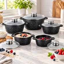 10-Piece Cookware Set, 5 Black Speckled Pots With Glass Lids, 16/18/20/24/26 Cm, For Everyday Family Cooking - View 9