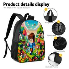 Pixel Forest Animal Boy Walking In Flower Sea Print 3 Pieces Set, Large Capacity Backpack + Crossbody Lunch Bag + Pencil Case, Durable Water-Resistant Fabric, Adjustable Padded Shoulder Straps, Fresh Healing Sandbox Style Daily Commute Travel Storage Set - Printed Bag - View 4