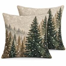 2pcs Christmas Pillow Covers, 18x18 Inch, Snowy Winter Forest Pine Tree Throw Pillow Cases, Rustic Farmhouse Holiday Cushion Covers, Suitable For Sofa, Living Room Decor, Pillow Insert Not Included - Multicolor - View 10