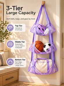 Modern Polyester 3-Tier Hanging Ball Storage Organizer, Breathable Mesh Sports Gear Holder With Reinforced Straps, Over-Door Wall Rack For Basketball, Soccer, Volleyball, Helmets, Gym Bags, Fall Winter Garage, Dorm, Christmas Home Organizer - Multicolor - View 6