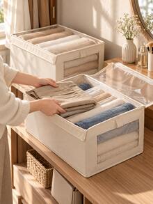 1pc Multi-Functional Foldable Fabric Storage Box With Transparent Lid, Organizer Bin For Bedroom Toy Storage, Plush Dolls, Clothes And Closet Organization - Beige - View 10