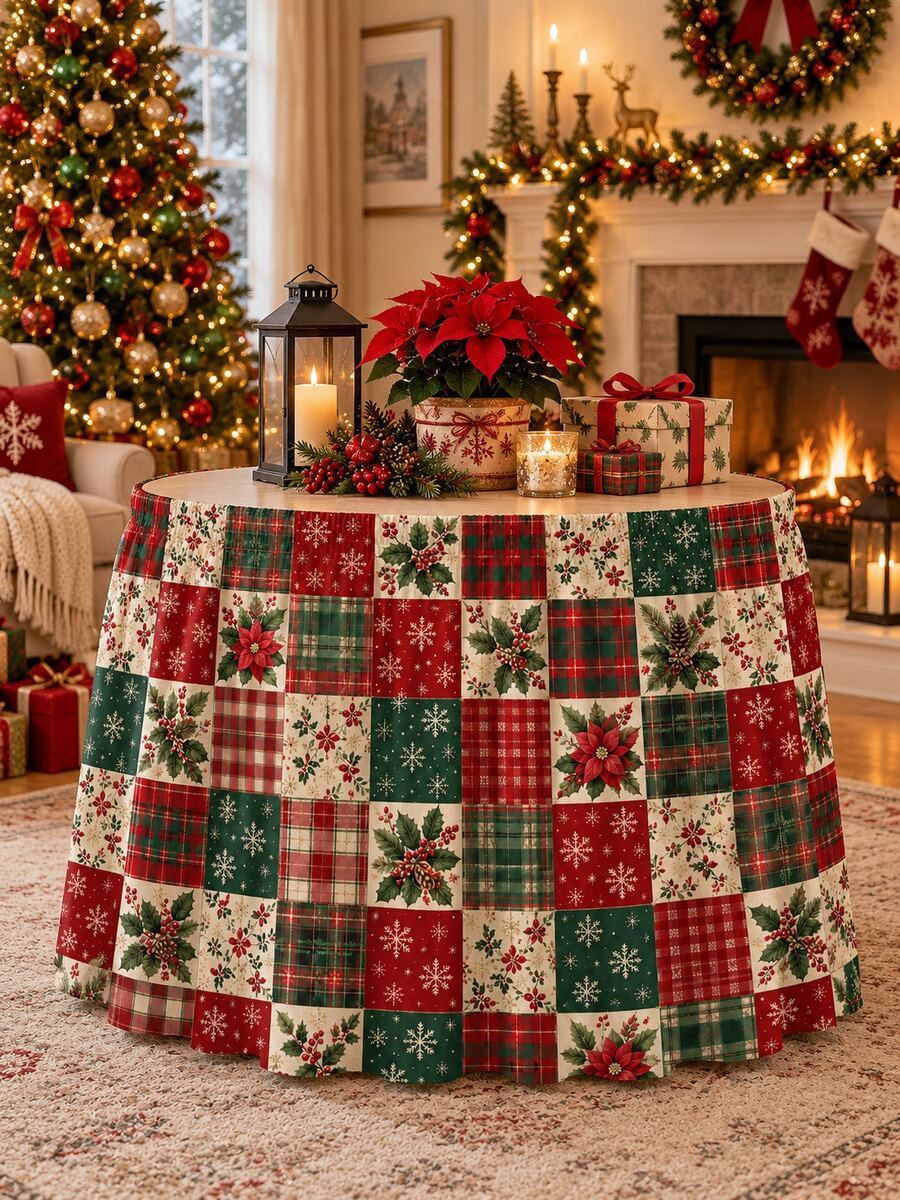 1pc Red And Green Plaid Christmas Table Skirt, Polyester Patchwork Christmas Red Flowers, Holly Berries, Snowflake Print Rectangular Table Edge Cover, Vintage Holiday Dining Table Decor, Suitable For Christmas Dinner, Family Gathering And Winter Home - Multicolor - View 1
