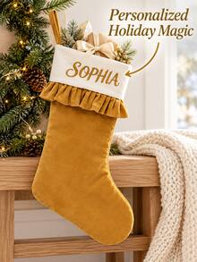1pc Personalized Velvet Christmas Stocking With Embroidered Custom Name, Ruffle Cuff Hanging Gift Bag, Fireplace Mantel Holiday Xmas Decor - Multicolor - View 3
