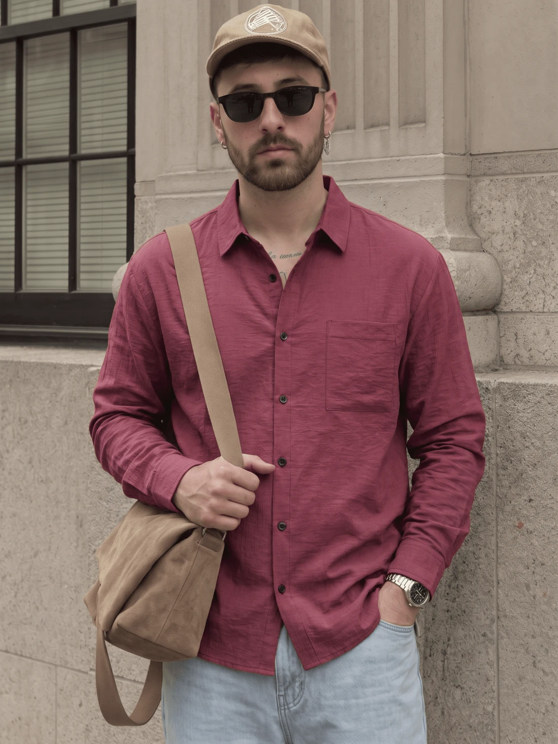 Lookun Men's Long Sleeve Shirt With Turn-Down Collar, Vintage Old Money Style, Textured Crinkled Design, Full Button-Down, Suitable For Spring, Autumn, Winter, Daily Wear And Travel - Burgundy - View 1