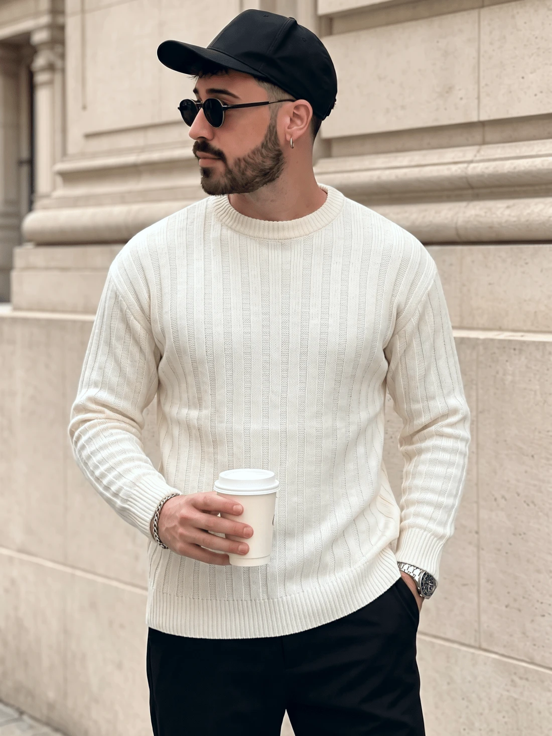 Lookun Men's Crew Neck Long Sleeve Pullover Sweater Old Money Style Vintage Vibe Spring Autumn Winter Ribbed Cuff Knit Top - Apricot - View 1