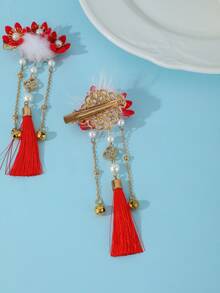 1pc Bohemian Mixed New Chinese Style Bridal Headpiece, Pearl Bell Red Tassel Hair Clips - Red - View 5