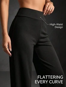Small Size Solid Color High Waist Casual Straight Leg Stretch Pants, Black, Suitable For Commuting And Weekend - Black - View 8