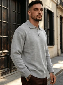 Lookun Men's Polo Collar Long Sleeve Knit Sweater, Vintage Old Money Style, Half-Button Placket, Ribbed Cuffs, Casual Pullover, Spring/Autumn/Winter - Grey - View 1
