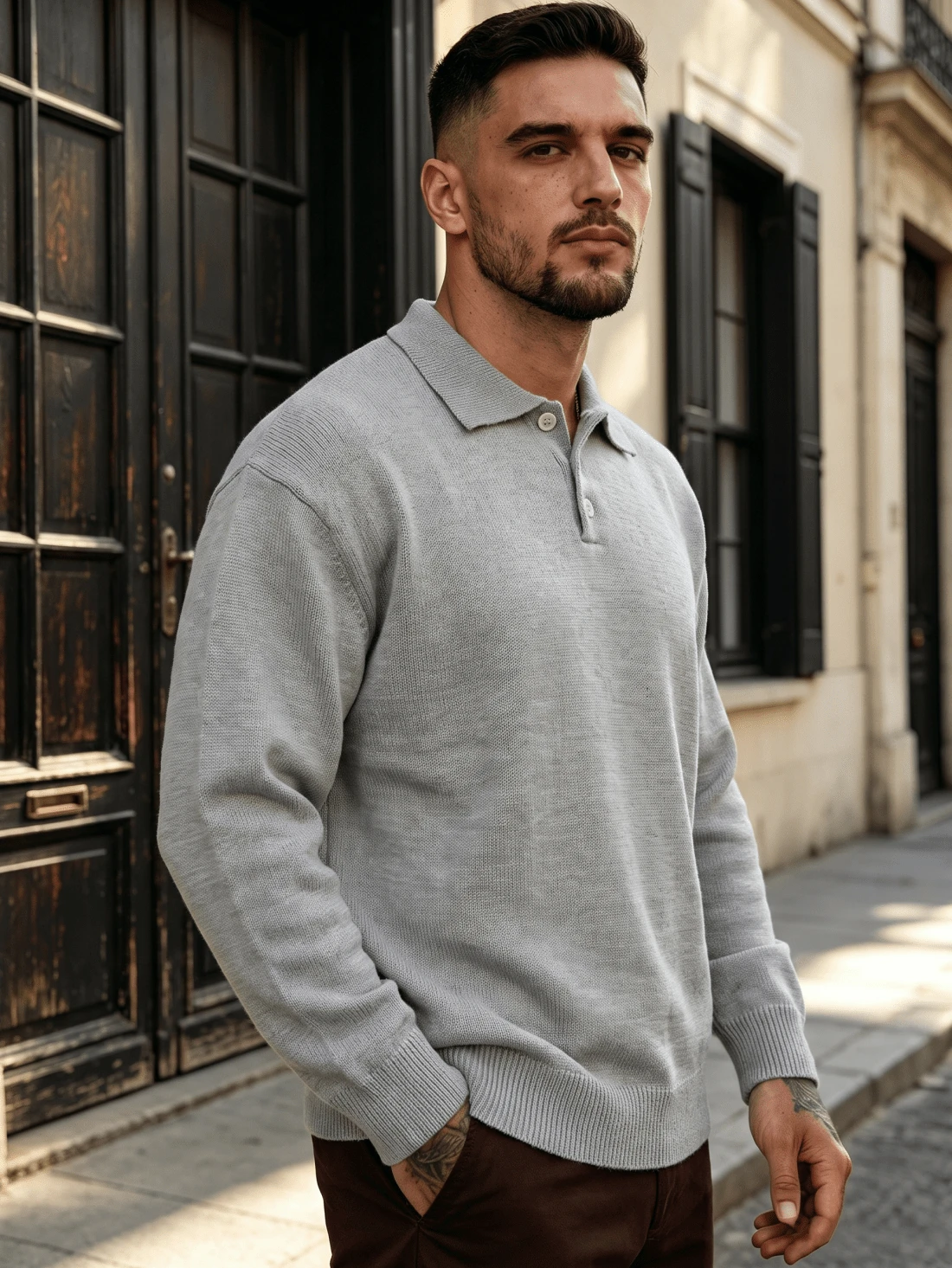 Lookun Men's Polo Collar Long Sleeve Knit Sweater, Vintage Old Money Style, Half-Button Placket, Ribbed Cuffs, Casual Pullover, Spring/Autumn/Winter - Grey - View 1