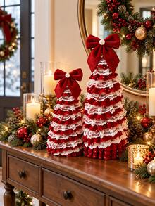 2pcs Pink Velvet Lace Christmas Tree Decorations With Bows, Christmas Home Decor, Christmas Home Ornaments, Navidad Hanging Decorations - Red - View 4
