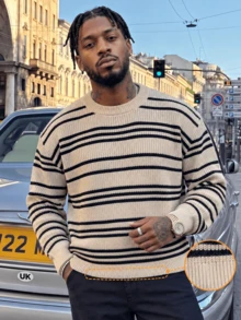BLACKTOEXIT Men's Round Neck Long Sleeve Knit Sweater, Korean Style Slouchy Vintage Ribbed Cuffs Pullover, Autumn/Winter - Apricot - View 1